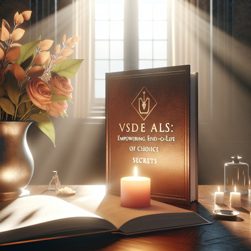 Create a high-quality, photorealistic image that conveys the concept of 'VSED ALS: Empowering End-of-Life Choice Secrets'. It should depict a calm atmosphere filled with natural light and soft shadows. The scene could include symbolic elements such as a closed book signifying 'secrets' and a lit candle representing 'empowering'. Please ensure a serene and respectful ambiance in the image.
