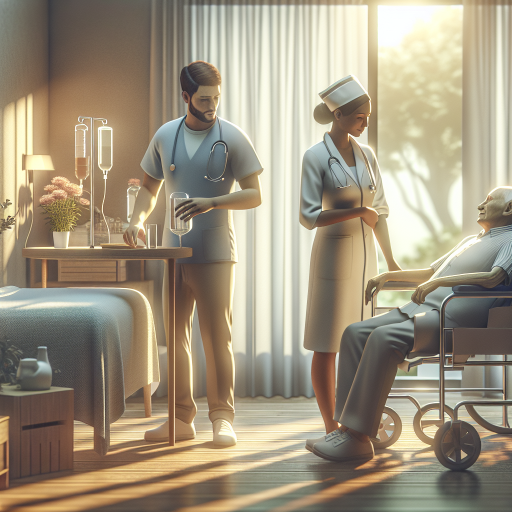 An illustrative image highlighting the nurturing, supportive aspect of palliative care for ALS patients. The scene features a professional, multiethnic and diverse-gendered medical team (a Caucasian male nurse, a Middle-Eastern female doctor, and a South Asian male physiotherapist) working symbiotically in a well-equipped, homely comfortable care room. There are soft shadows and inviting radiant natural light coming through the room's large window, hinting at a peaceful morning. The imagery does not focus on any patient but symbolizes 'relief', 'empathy', and 'support', showcasing the medical team's attentive, compassionate approach towards ALS palliative care.