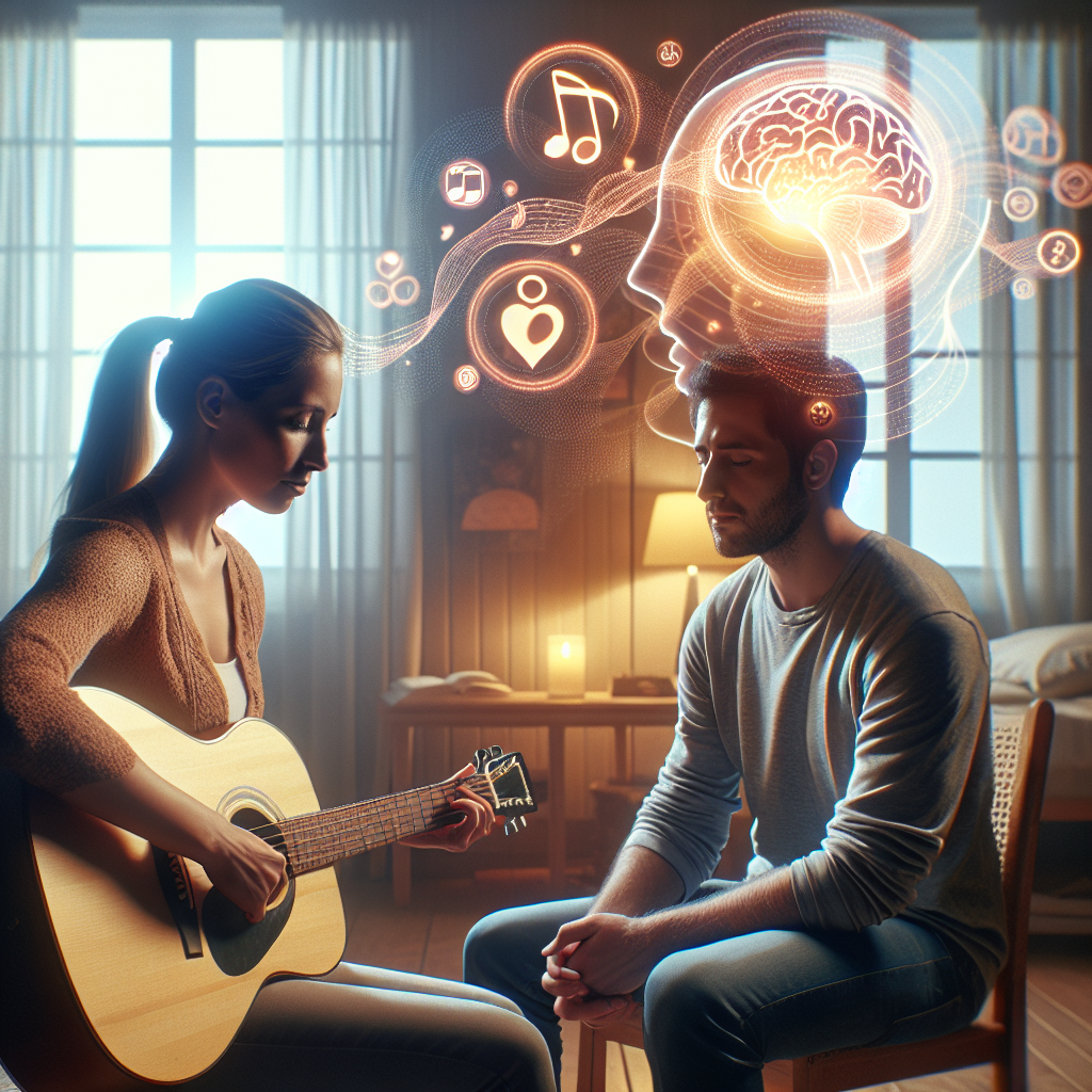Visualize an emotionally engaging scene taking place within a comfortable, warmly-lit room. Central to the image is a Music Therapy session for a patient diagnosed with ALS, who is of Hispanic descent. The Therapist, an empathetic Caucasian woman, is gently playing a soothing melody on an acoustic guitar. The patient is subtly reacting with emotional positivity and involvement, hinting at the therapeutic benefits of the session. In the background, softly highlighted visual representations or symbols of the ALS logo, the neurologic network, and musical notes interact harmoniously, adding a layer of symbolism to the scenario.