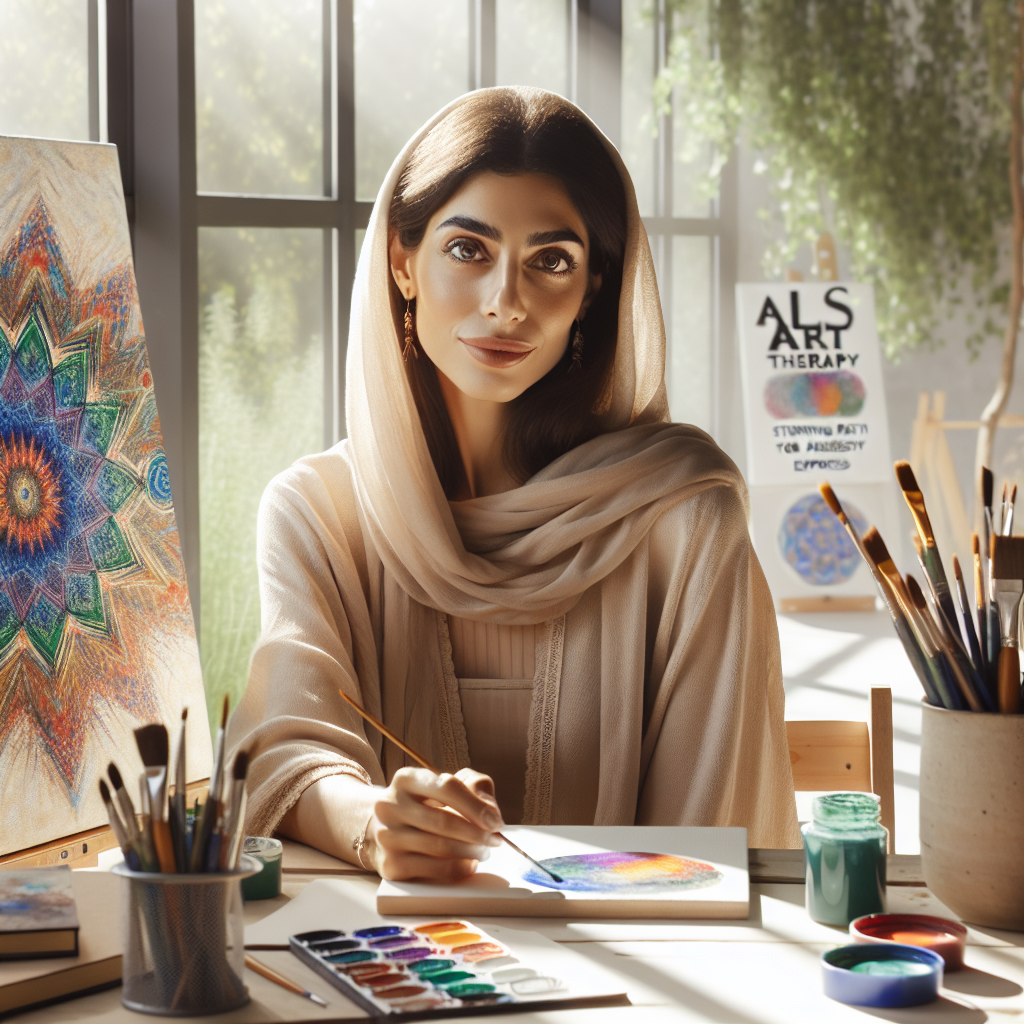 Picture a serene art therapy room filled with natural light and casting soft shadows. A Middle-Eastern woman in her forties, with gentle eyes is expressing herself effortlessly through painting. In front of her is a canvas displaying a kaleidoscope of vibrant colors. Around her are art supplies - paintbrushes, sketch pads, and color palettes. In the corner of the room, there's a poster reading 'ALS Art Therapy: Stunning Path to Effortless Expression'. The surrounding is calm and uplifting, mirroring the peace and catharsis that art therapy brings to those living with ALS.