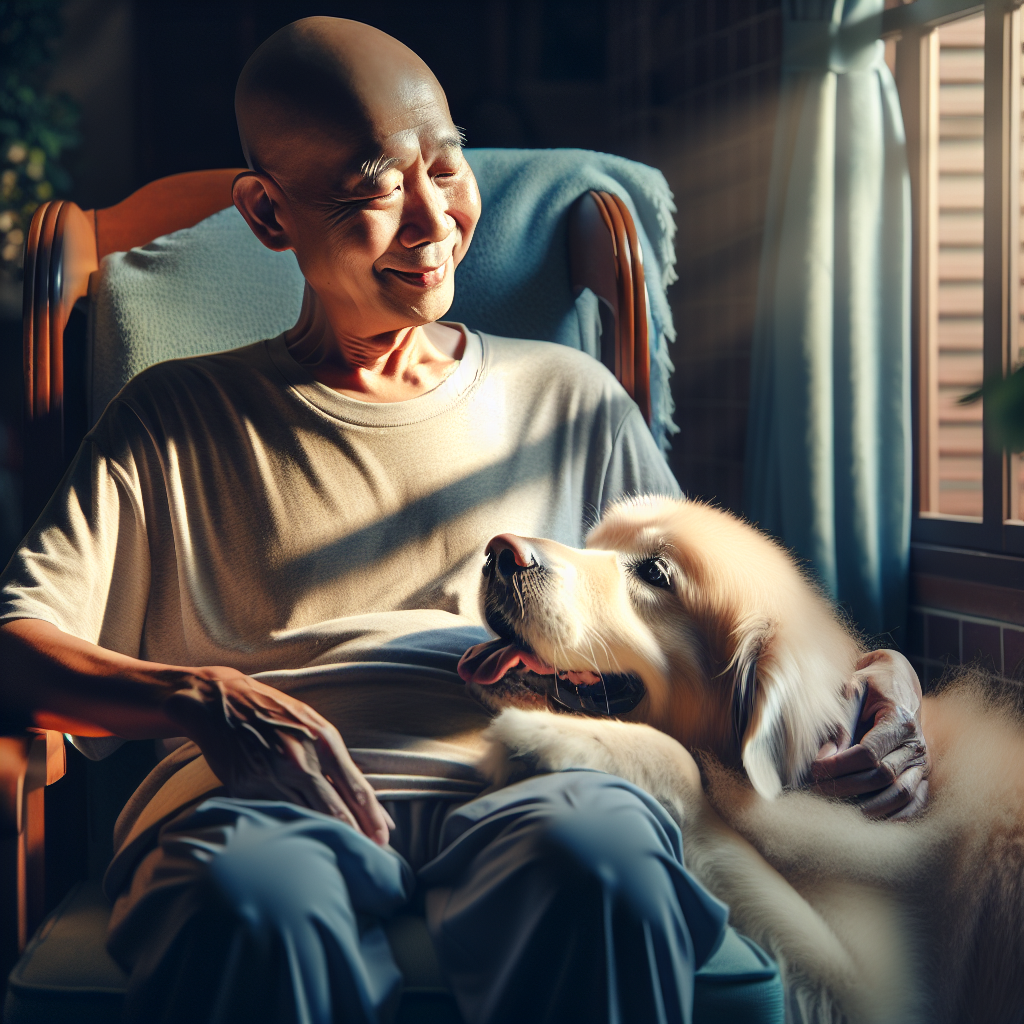 Visualize a serene setting in a homely environment where ALS patients are being comforted by therapy dogs. The scene brings to the forefront a moment of connection amid the struggle. An ALS patient of Southeast Asian descent and a male gender is seated comfortably on a soft chair, a warm smile gently playing on his lips. A fluffy Golden Retriever dog, an embodiment of an emotional support animal, is resting its head on his lap, a silent show of companionship. The play of natural lighting bathes the scene in a soft glow, creating soft shadows and illuminating the bond between human and animal.