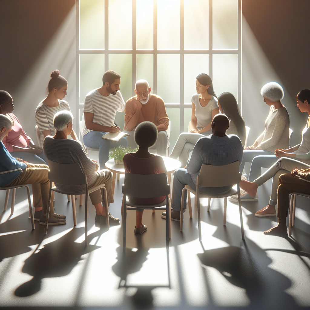 Create a detailed, photorealistic image showcasing an ALS support meeting being held in a comfortable and inviting space with natural light streaming in. A diverse group of people varying in gender, race, and age should be shown participating in the meeting; some may be sharing their experiences, others comforting one another or listening attentively. Soft shadows cast by the light should subtly emphasize the compassionate interactions taking place in this remarkable community.