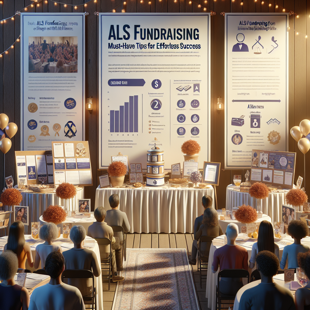 Create an image that portrays a well-organized event setting for an ALS Fundraising campaign. The scene should include various fundraising materials such as informational brochures about ALS, donor contribution forms, and charity auction items, all displayed on a beautifully adorned table. In the background, show a large banner with the text 'ALS Fundraising: Must-Have Tips for Effortless Success'. The atmosphere should be warm and inviting with natural lighting illuminating the space and creating soft shadows. Display indicators of a successful event like a donation jar filled with money and a crowd of diverse people engaging positively in the event.