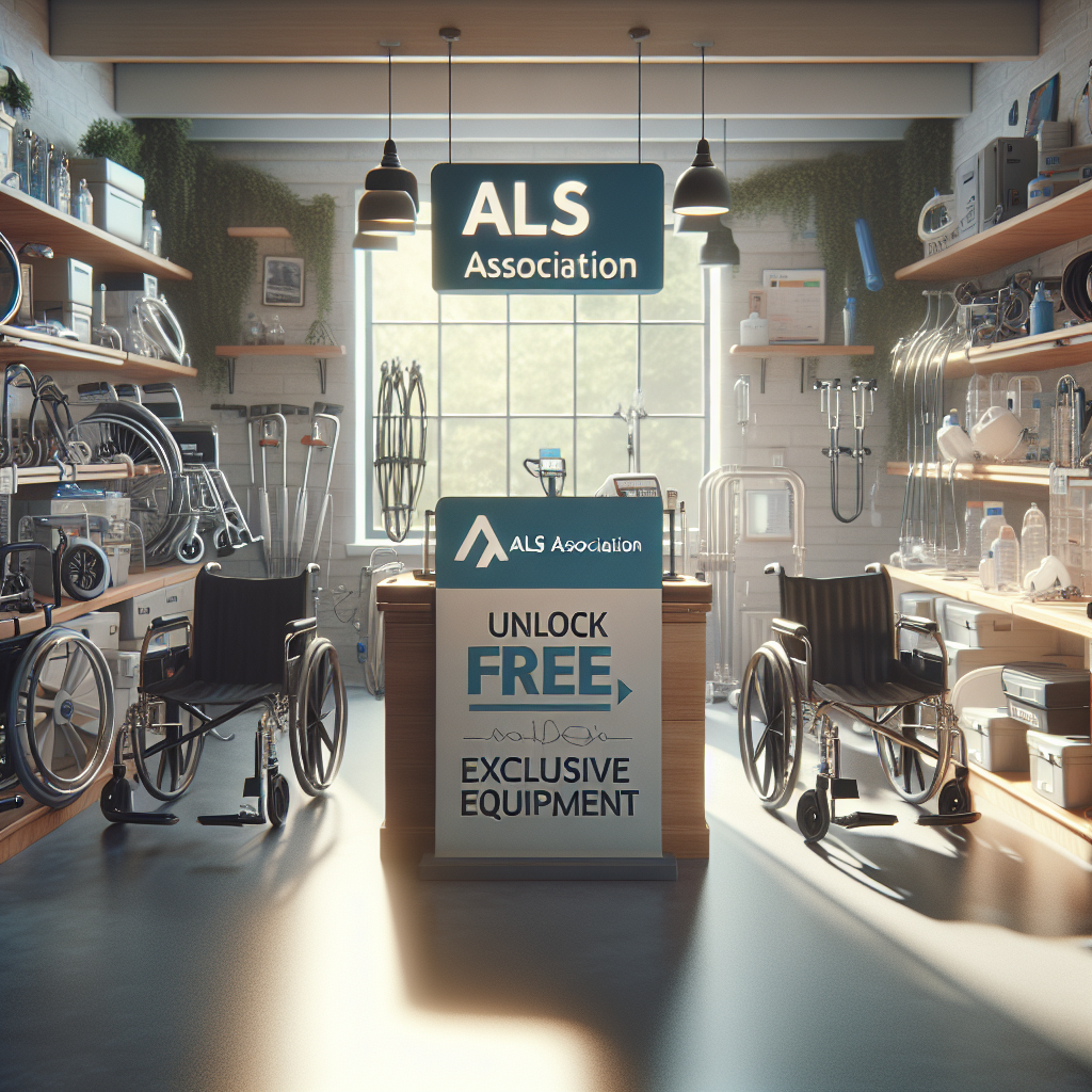 Generate a high-quality, photorealistic image featuring an ALS Association Loan Closet. The scene showcases a variety of medical equipment such as wheelchairs, mobility aids, and breathing apparatus, all organized neatly on shelves and racks. The environment is washed in natural lighting that pours in from a large window, creating soft shadows and a serene atmosphere. A large sign is prominently placed, stating 'Unlock Free, Exclusive Equipment'. The visual representation should project a sense of hope and communal help, underlining the Association's commitment towards aiding those living with ALS.