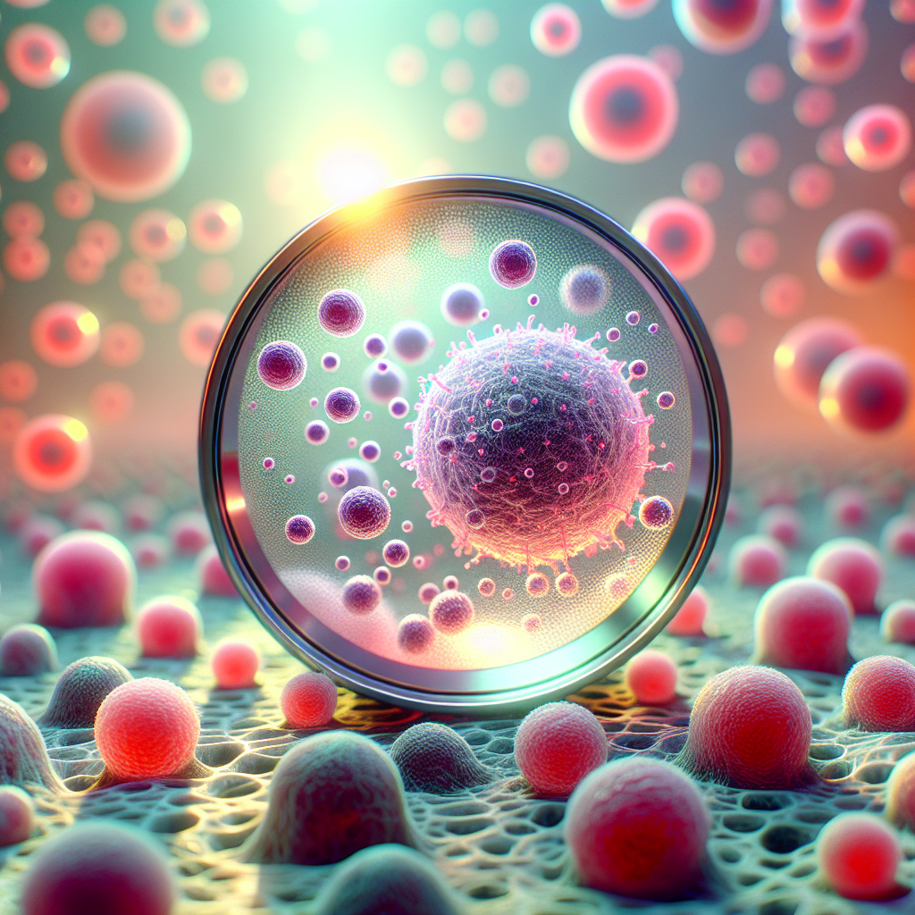 Generate a photorealistic image that conveys the concept of "ALS Exosomes: Stunning Advances in Stem Cell Therapies". In the image we should see a magnified view of exosomes, looking like small vesicles, demonstrating a visual metaphor for the advancement in stem cell therapies. The setting should use natural lighting and soft shadows, highlighting the exosomes in the foreground, with a backdrop of stem cells in various stages of growth and differentiation. The image should have a vibrant and positive mood to represent the stunning advances made in this field of medicine.