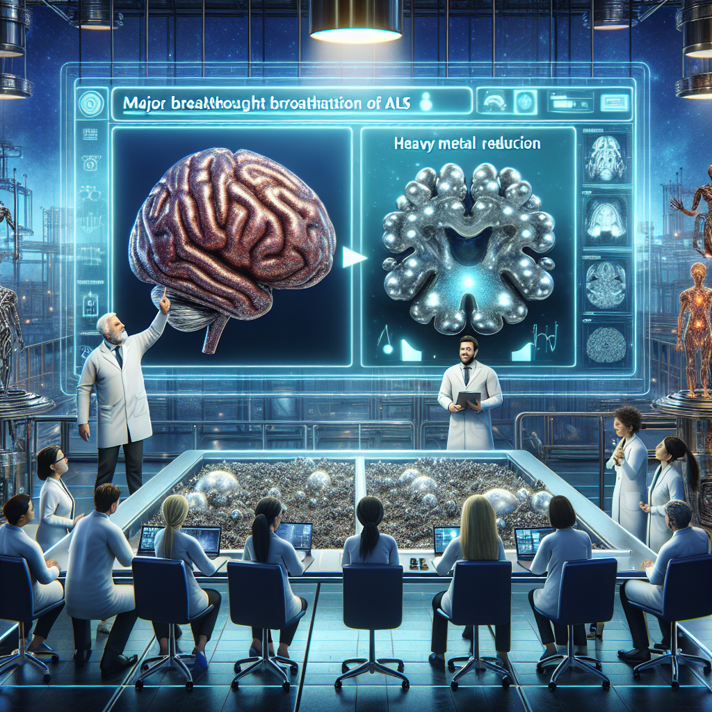 A vivid visual representation of a major breakthrough in ALS research focusing on heavy metal reduction. The scene unfolds within a state-of-the-art research lab with futuristic technology. A diverse group of scientists, including a Caucasian woman, a Hispanic man, and a Black woman are enthusiastically examining the results shown on a high-tech screen. The screen displays a before and after representation of a neuron, with noticeable reduction in heavy metals (portrayed as dull-colored clusters) post treatment. Additionally, a large 3D model of the human brain is set on a table nearby, under a spotlight, symbolising hope for patients everywhere.