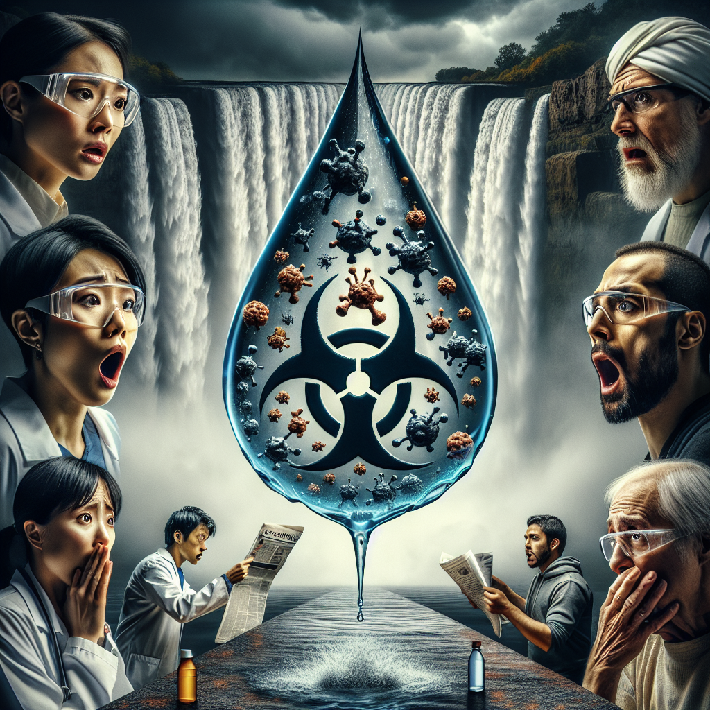 A dramatic, photorealistic image of a stylized water droplet falling, with jagged edges symbolizing danger. Inside the droplet, a gloomy montage of neurotoxic agents depicted as identifiable molecular structures. Around the droplet, reactions of shock and disbelief from diverse bystanders: an Asian woman scientist in her lab coat and safety glasses, a Middle-Eastern man reading a newspaper, a Hispanic youth with a water bottle in his hand, all showing surprise, dismay, and concern. The backdrop is a forceful waterfall plummeting into a murky abyss, symbolizing the fall. Please keep the image devoid of any specific branding or company logos.