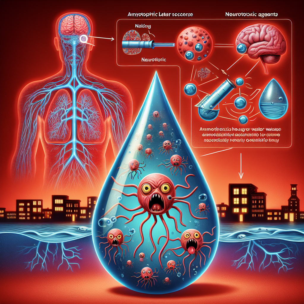 Imagine an illustration showcasing the concept of neurotoxic agents within water and their potential health risks, particularly in association with ALS (Amyotrophic Lateral Sclerosis). In the foreground, visualize a water droplet magnified to reveal menacing anthropomorphized neurotoxic particles within. These particles are represented as cartoon-like monsters, symbolizing their harmful nature. In the background, incorporate an abstract representation of a human nervous system interconnected with water streams to highlight the potential exposure pathway. All set against an alarming red background to capture the viewer's attention towards this cautionary theme.