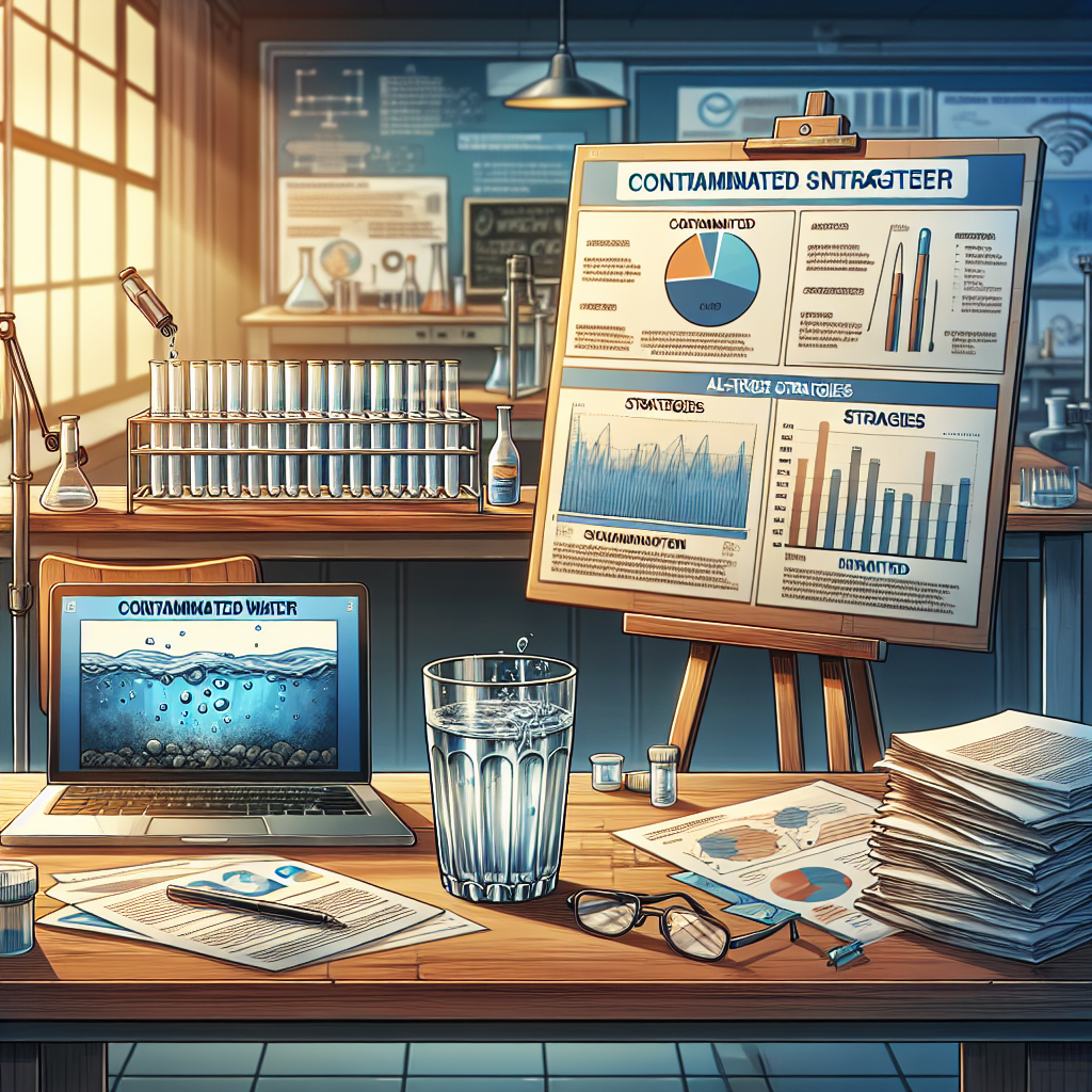 Illustrate a detailed scene for an article centered around the topic of contaminated water, a major issue causing health detriments. The image should vividly portray a wooden table, laden with several research papers, a clean water sample in a ruffled lab glass, and a contaminated one in another. Beside them, a laptop should be present displaying strategies to tackle the issue of water contamination. Also, include an infographics chart depicting ALS-trigger strategies, present on an easel next to the table, shedding light on the severity of the problem. The background should show a laboratory setting.