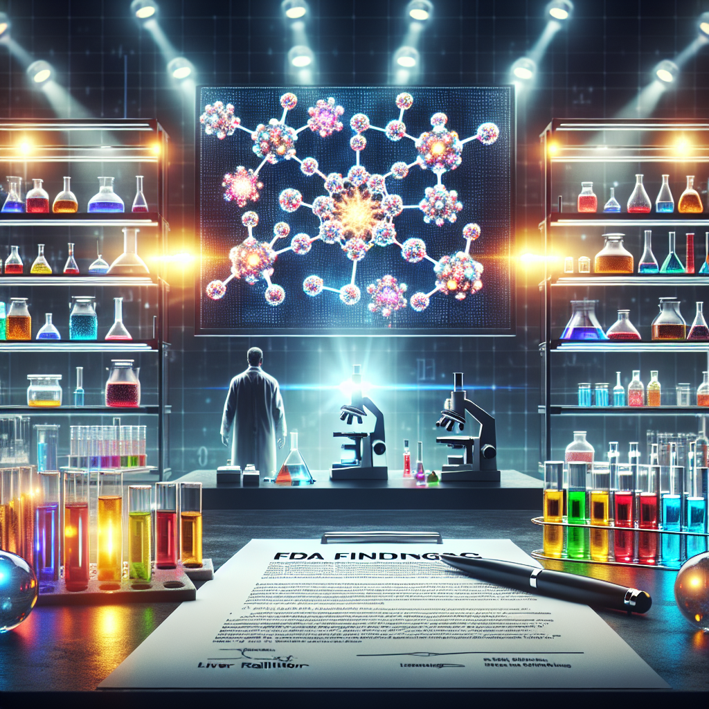 Picture a scientific laboratory with bright lights focused on two desks. On one desk, there's an array of colorful vials, microscopes, and lab coats suggesting the presence of scientists working on important research. On another desk, a large illuminated screen displays a molecular structure labeled as 'Real Water'. Next to the screen is a document titled 'FDA Findings', with shocking words such as 'Liver Failure' highlighted. This scene should convey the seriousness of the research and the shocking nature of the findings.