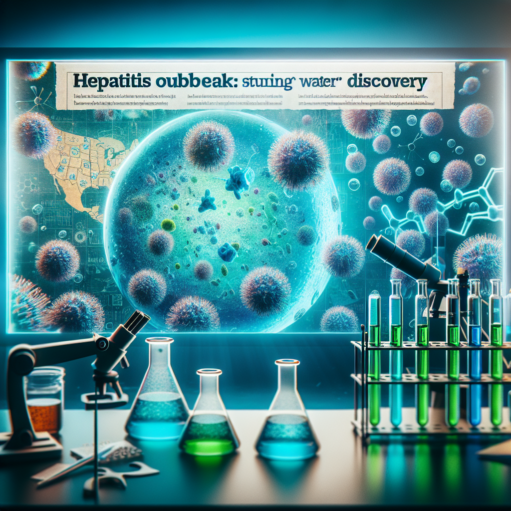 Visualize an article headline that reads 'Hepatitis Outbreak: Stunning Real Water Discovery'. Surrounding the headline is a cinematic mix of science and nature-themed elements. One side of the image shows a microscopic view of hepatitis virus particles, depicting them in shades of neon blue and green. Transitioning from this, envision the other side as an open laboratory with flasks and beakers filled with water samples, a microscope, and floating molecular structures. A map showing the affected area due to the outbreak hangs on the laboratory wall. Remember to convey an air of urgency and discovery.