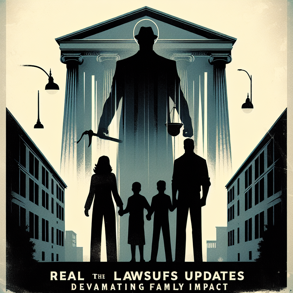 An iconic abstract representation of a family standing firm, yet visibly affected by the challenges they face. They are set in an urban environment, their shadows cast long and ominous towards a looming symbol of justice, a vintage styled courthouse signifying the essence of real water lawsuits. To add on emotional impact, the sky is overcast, the gray pallor portending a sense of impending doom. This image is complemented by headlines and subheadings in bold, inked font that read 'Real Water Lawsuits Updates: Devastating Family Impact', conveying the gravity of the subject matter.