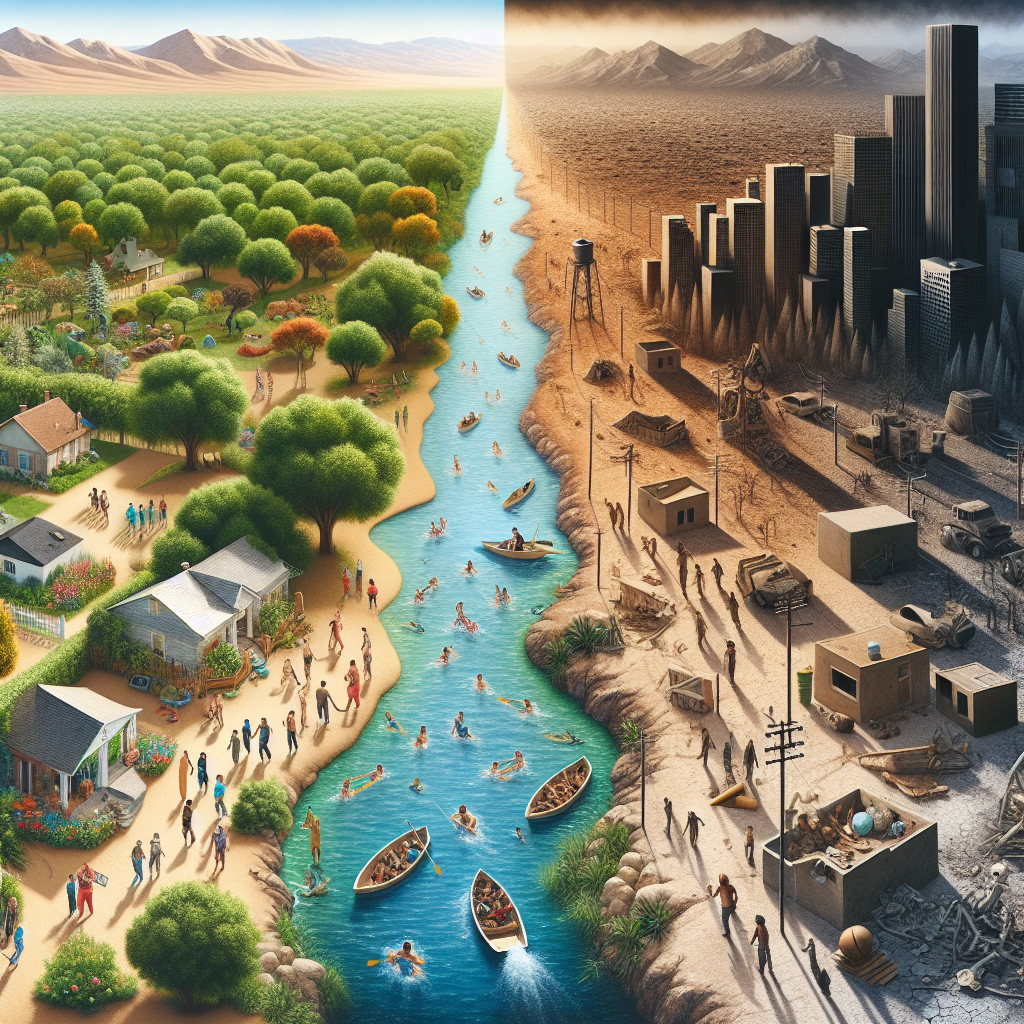 A broad panorama showing two contrasting scenes. On the left, an idealic landscape demonstrating responsible water management; a thriving community near a clean river surrounded by lush greenery, with diverse people of various DESCENTS and GENDER engaging in different activities like fishing and boating. On the right, a stark depiction of irresponsible water use leading to an arid desert scape, with abandoned houses and dried up wells, attracting massive dust clouds. The middle ground is a large darkened courthouse representing the legal implications and financial consequences, with the shadow of a dollar sign casting into the desert.