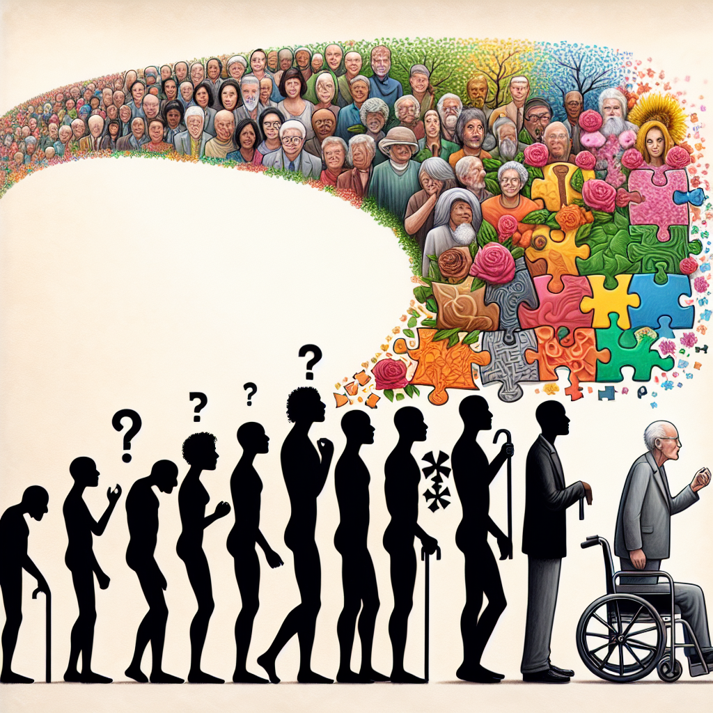 Imagine a profound and inspiring image representing the progression of ALS. The image takes us on a journey without words; from the first stage, a stick figure standing upright with a question mark above their head, signifying an uncertain diagnosis. As we move to the second stage, the figure begins to lean on a cane, indicating the changes that ALS has caused. Yet, around the figure blooms a garden, representing the wealth of support available. The final part of the image shows the figure in a wheelchair, surrounded by a crowd of various men and women of Hispanic, Caucasian, Black, Middle-Eastern, and South Asian descents, all holding up colorful puzzle pieces signifying different support solutions.