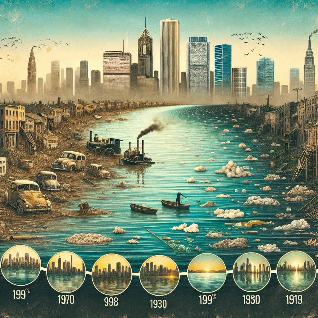 A visually engaging timeline representing the progression of urban water pollution. Start from the 19th century, with murky water depicted in a vintage style. Gradually transition to the modern era, symbolizing the increasing severity of urban water pollution. Important milestones along the timeline include the industrial revolution, increasing urbanization, and the advent of plastic waste. The final part of the timeline should depict a poignant image of a polluted urban water body with plastic waste floating on the surface, skyscrapers reflecting in the muddied water.