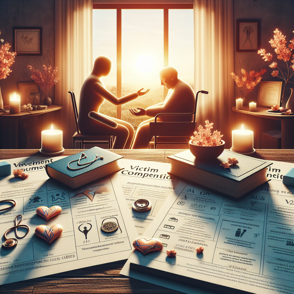 Create a compassionate and informative image representing end-of-life care for individuals with Amyotrophic Lateral Sclerosis (ALS), known as Lou Gehrig's disease. The image should depict a serene environment, possibly a room with warm sunlight coming through the window, and a table with a few documents that represent victim compensation aspects. Incorporate symbols of care and support, such as a caregiver's hands or a symbolic safety net. Also include an open book or a brochure detailing 'must-know secrets'. The image should balance the seriousness of the topic with a sense of hope and support.