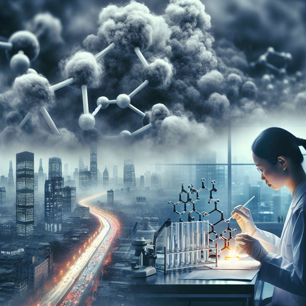 An atmospheric view of a city with heavy smog, symbolizing the prevalence of sulphur dioxide (SO2) pollutants. Nearby, a scientist in a laboratory, of Asian descent and of female gender, is deeply engrossed in researching the impact of these pollutants. She examines a molecule model representing ALS (Amyotrophic lateral sclerosis). The atmosphere of urgency and the stark contrast between the pollution outside and the pursuit of scientific knowledge inside builds an impactful narrative around the shocking dangers of SO2 pollutants and the vital research on ALS.