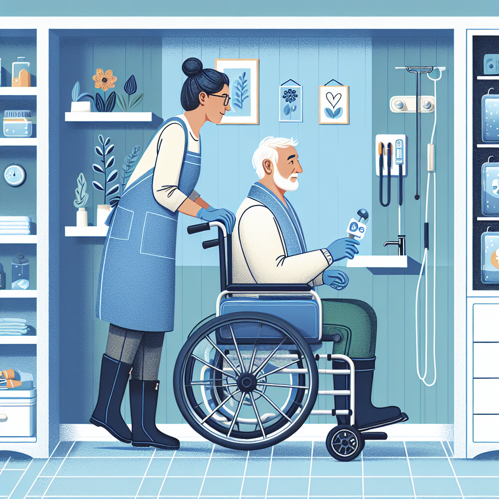 An illustrative image for an article about managing ALS care in situations of chronic water exposure. Picture this: A Caucasian male ALS patient is being assisted by a South Asian female caregiver. The caregiver is wearing a waterproof apron, gloves, and rubber boots. The ALS patient is seated in an adaptive waterproof wheelchair equipped with various safety features. They are both situated next to a water-resistant medical cabinet filled with caregiving tools and devices. The background includes a neatly organized room with comforting blue hues, non-slip floor tiles, indirect light sources, and hangings with encouraging words.