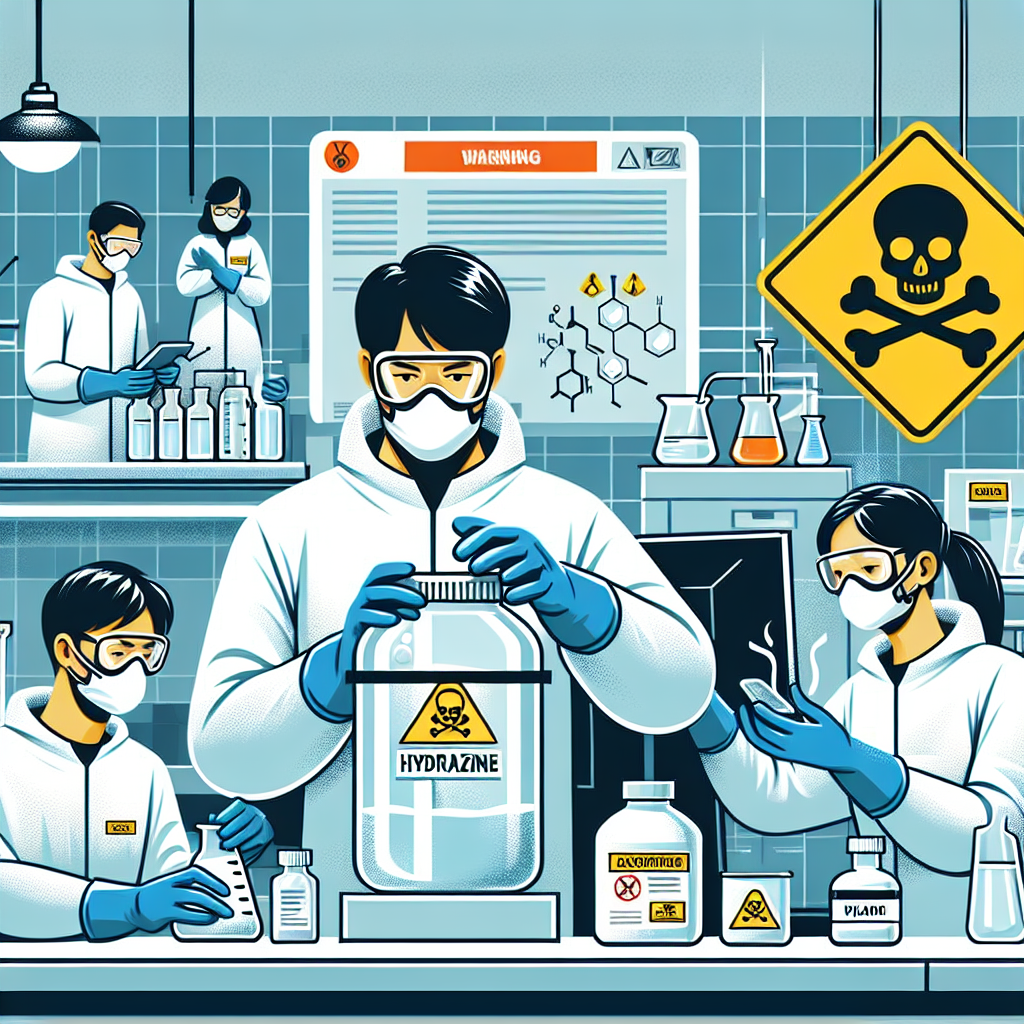 Illustrate an informative image of a safety-themed scene related to the dangers of chemical handling. Depict a laboratory setting, with a diverse group of scientists wearing protective gear (lab coats, gloves, safety goggles, and face masks). Let one scientist, a Caucasian man, be carefully handling a clear container with a white label marked 'Hydrazine'. Another scientist, an Asian female, is reviewing data on toxicity risks on a nearby computer. A warning sign of a skull and crossbones is present in the background to reinforce the cautionary tone. Highlight the importance of health and safety procedures in chemical handling.
