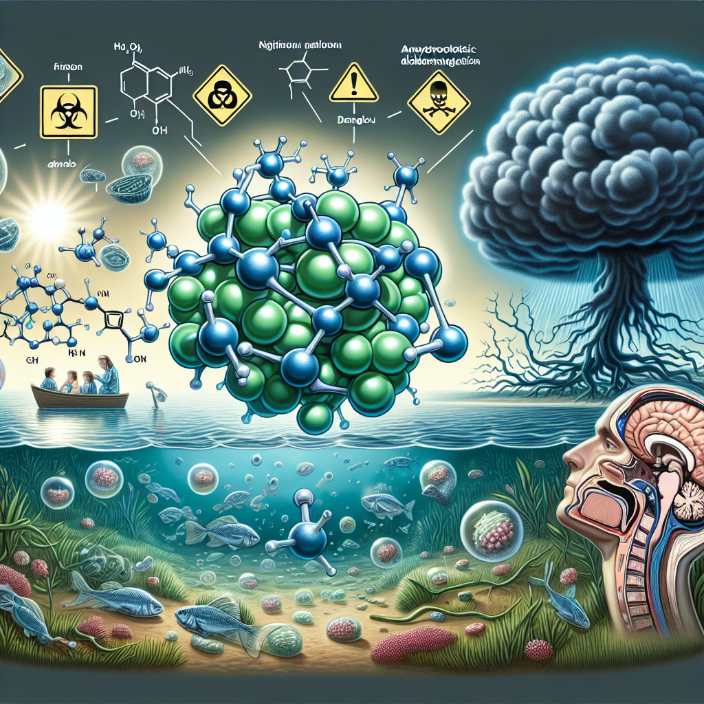 Imagine a detailed scientific illustration about 'Cyanotoxins and the Increased Risks of ALS'. The central focus should be a large, magnified cyanotoxin molecule in shades of green and cyan surrounded by visual metaphors like a dangerous, dark cloud symbolizing risks. On one side, depict a scene of harmful algal bloom in a water body, while on the other, show a brain affected by ALS (Amyotrophic Lateral Sclerosis). Make sure elements like neurons with visible signs of degeneration are included. Incorporate subtle cues like hazard symbols to underscore the potential danger. The style should be realistic and educational.