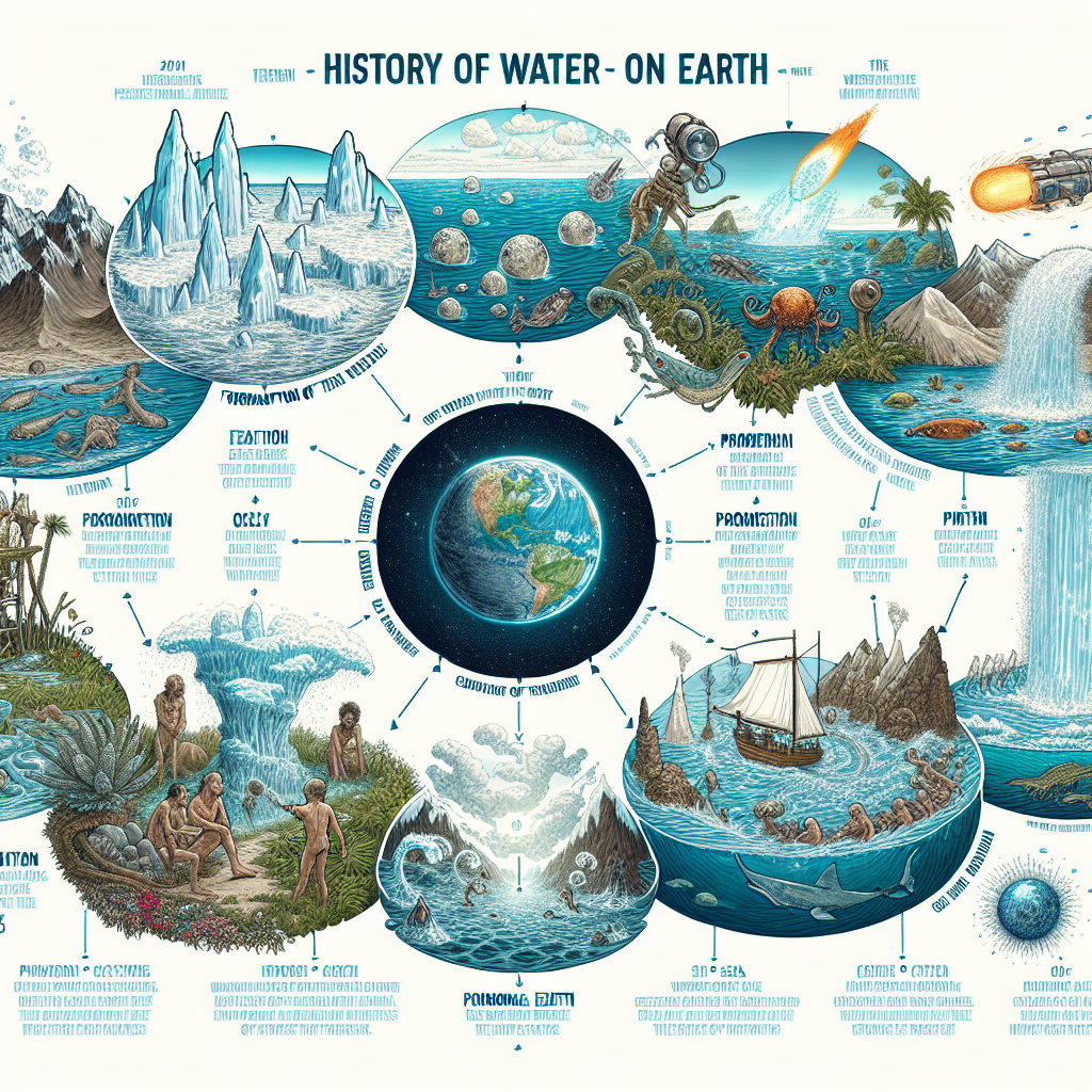Design an informative timeline chart that illustrates the significant events in the history of water on Earth. The chart should start from the formation of Earth, moving onto the first appearance of water, the evolution of water-based lifeforms, the creation of the oceans, and culminating in the modern water cycle. The events should be interspersed with appropriate images of ice comets, primordial earth, primitive aquatic life, vast seas, and complex weather systems. The entire image should evoke a sense of curiosity and respect for the power and importance of water in shaping our world.