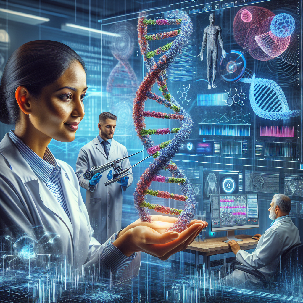 Create an inspiring scene representing the breakthrough treatment for Amyotrophic Lateral Sclerosis, also known as ALS. Picture a lab environment blending classic and high-tech themes. In it, a female South Asian scientist is holding a 3D model of a DNA helix, exhibiting the gene therapy concept in action, with color codes signifying genes and mutations. Nearby, a white male researcher is working on a complex computer interface, displaying intricate graphs and coding sequences. To add a human touch to the medical revolution, incorporate a hopeful patient watching this scene unfold, a symbol of the many lives these advancements could change.