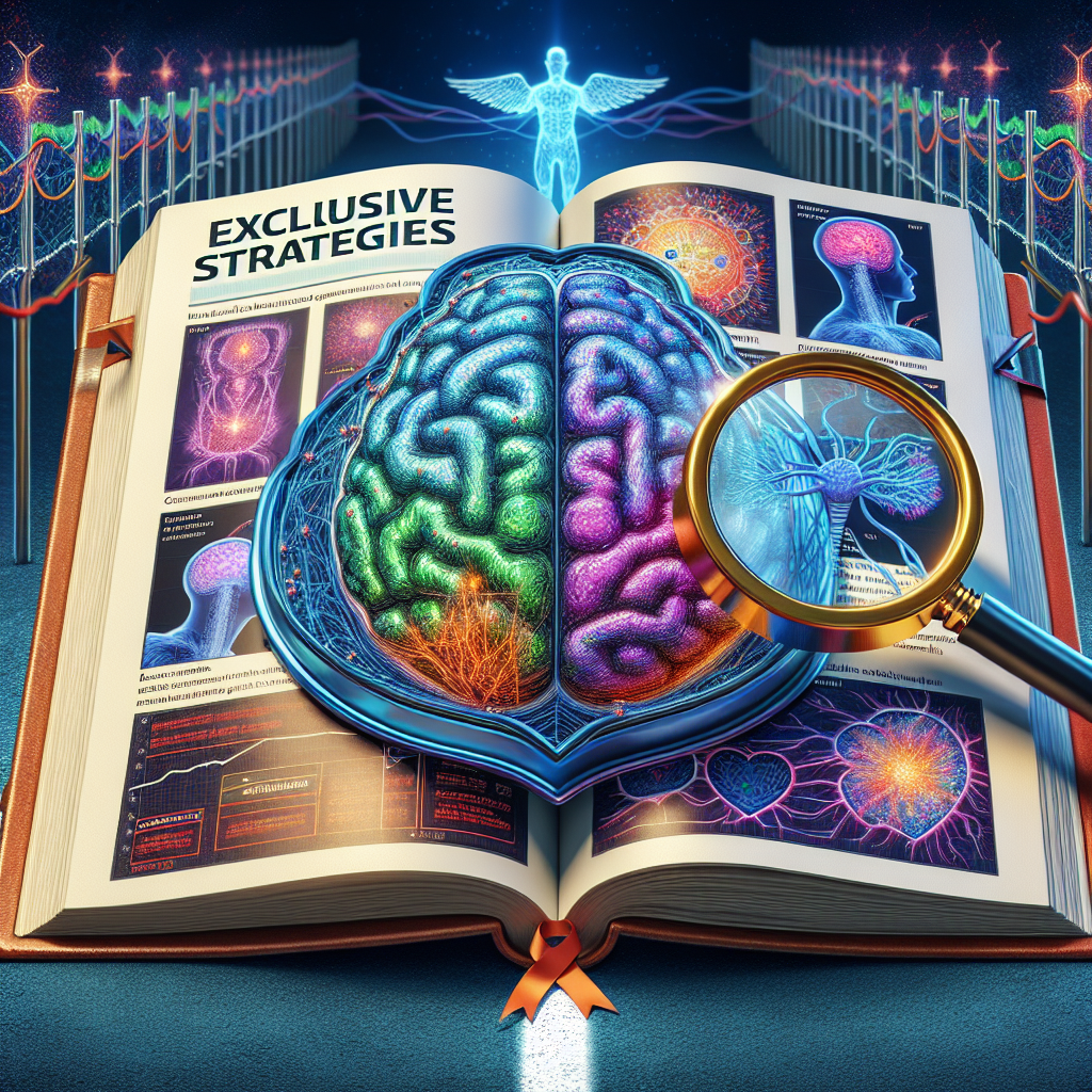 A detailed, scientific illustration of a neural pathway, reinforced with a protective shield, symbolizing the combat against ALS. In the foreground, a book titled 'Exclusive Strategies' is open, revealing vibrant, colorful pages full of diagrams and texts. A magnifying glass hovers over the book, indicating a deep study and understanding of the strategies. In the background, a finish line with the word 'Results', suggests the goal of these efforts.