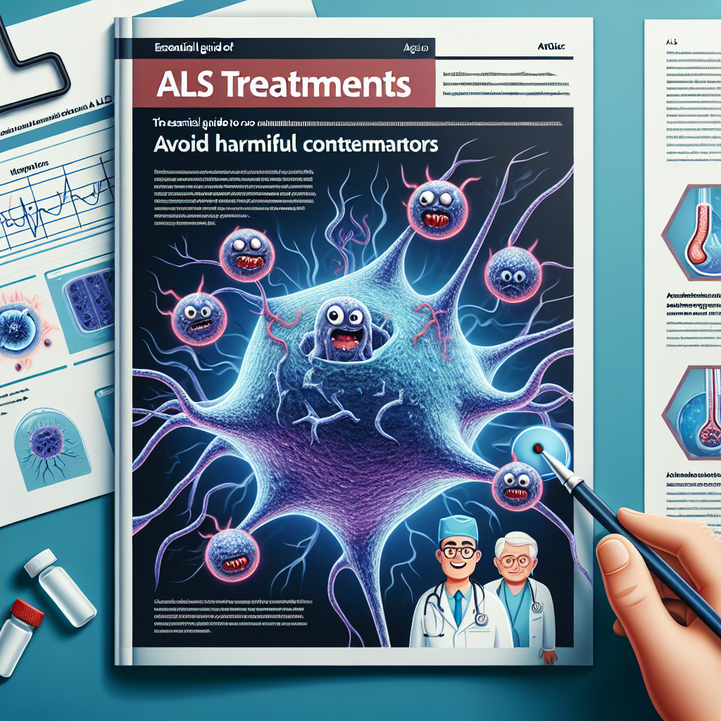 Imagine a visually engaging and informative cover for an article titled 'ALS Treatments: Essential Guide to Avoid Harmful Contaminants'. The cover might include a magnified view of a neuron affected by ALS, with little harmful contaminants depicted as monstrous characters intending to invade the neuron. However, there's an energy barrier symbolizing the treatments, restricting these invaders. Around the main image, we see helpful diagrams or figures illustrating different methods to avoid these contaminants. The background has a medical theme with visual references to scientific research and health care.