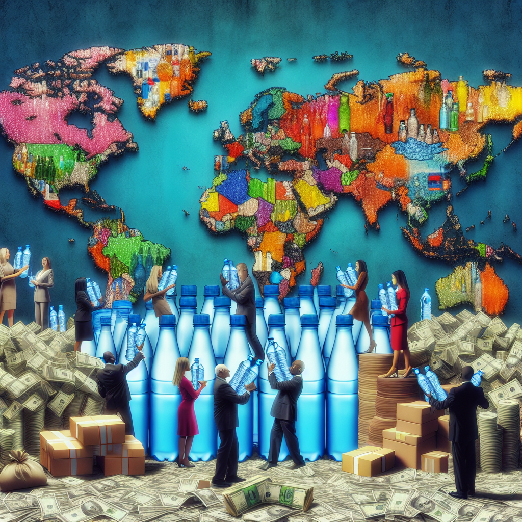 Imagine an informative and compelling scene for an article. The main theme revolves around the regulations and policies linked to bottled water. A large map of the world is prominently displayed showing various countries in different colors, denoting their level of regulation. Some countries are vibrant while others are desaturated signaling gaps in their policies. In the foreground, a diverse group of people holding bottled water represents the consumers affected by this issue. Nearby, piles of money and heavy bills symbolize the costs involved. Overall, the image creates an emotional impact about the shocking gaps and costly failures in bottled water regulations.