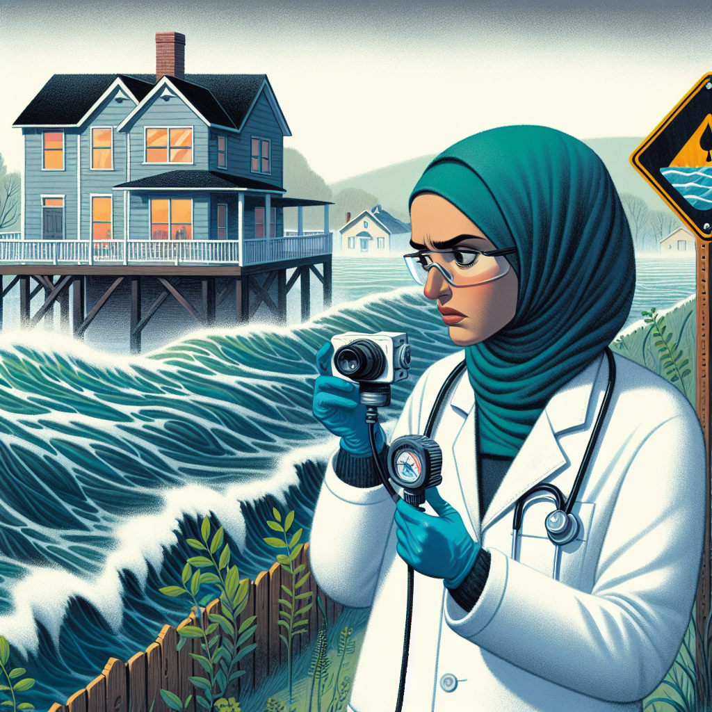 Illustration of a suburban house standing perilously close to a raging river. The river waters are threatening to deluge the garden. A female Middle-Eastern scientist wearing a lab coat is using advanced equipment to measure the distance between the house and the river. Close by, a Caucasian man, looking worried, eyes locked on the house. The image also shows a signage warning about the potential risks of living too close to bodies of water. The atmosphere is subtly tense, reflecting the danger of the situation.