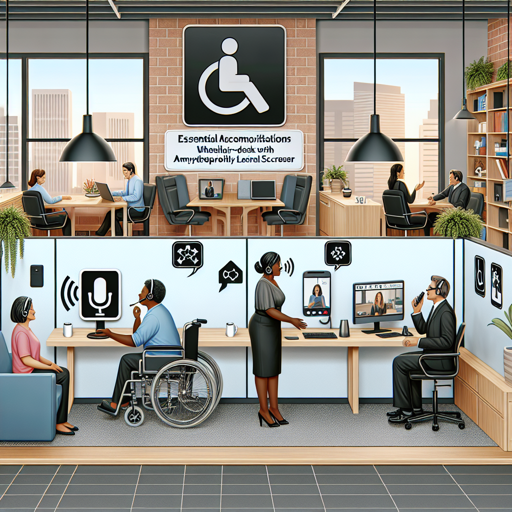 An inclusive office space supportive of employees with ALS (Amyotrophic lateral sclerosis). Display a range of essential accommodations: adjustable desks for wheelchair-bound South Asian female employee, voice recognition software is being used by a Black male worker, and a meeting is taking place through a video conference for a Caucasian female worker at home. The office layout is open and welcoming, conveying a supportive working environment. Symbolic signs indicating the availability of accommodations hang on the walls.
