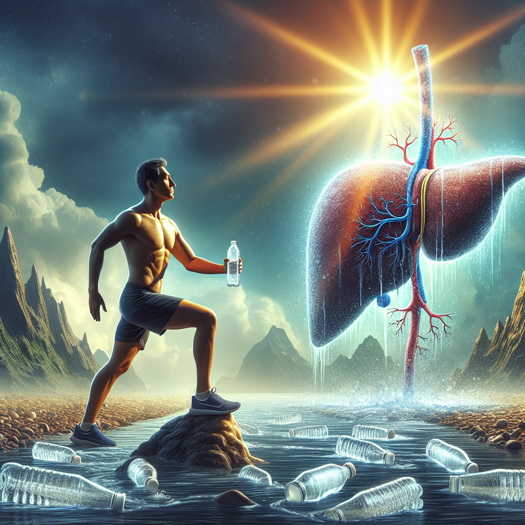 Visualize an engaging scene for an article titled 'Real Water Risks: Avoid Devastating Liver Failure'. The scene should evoke the seriousness of the topic, featuring a metaphorical depiction of an athletic, middle-aged South Asian man stepping cautiously over a large, treacherous puddle that bears a spectral representation of a diseased liver beneath its surface. In the backdrop, a bright sun is rising, symbolizing hope. To add more context, lightly sparkling clean water bottles are depicted in the foreground, symbolizing the importance of safe water consumption.