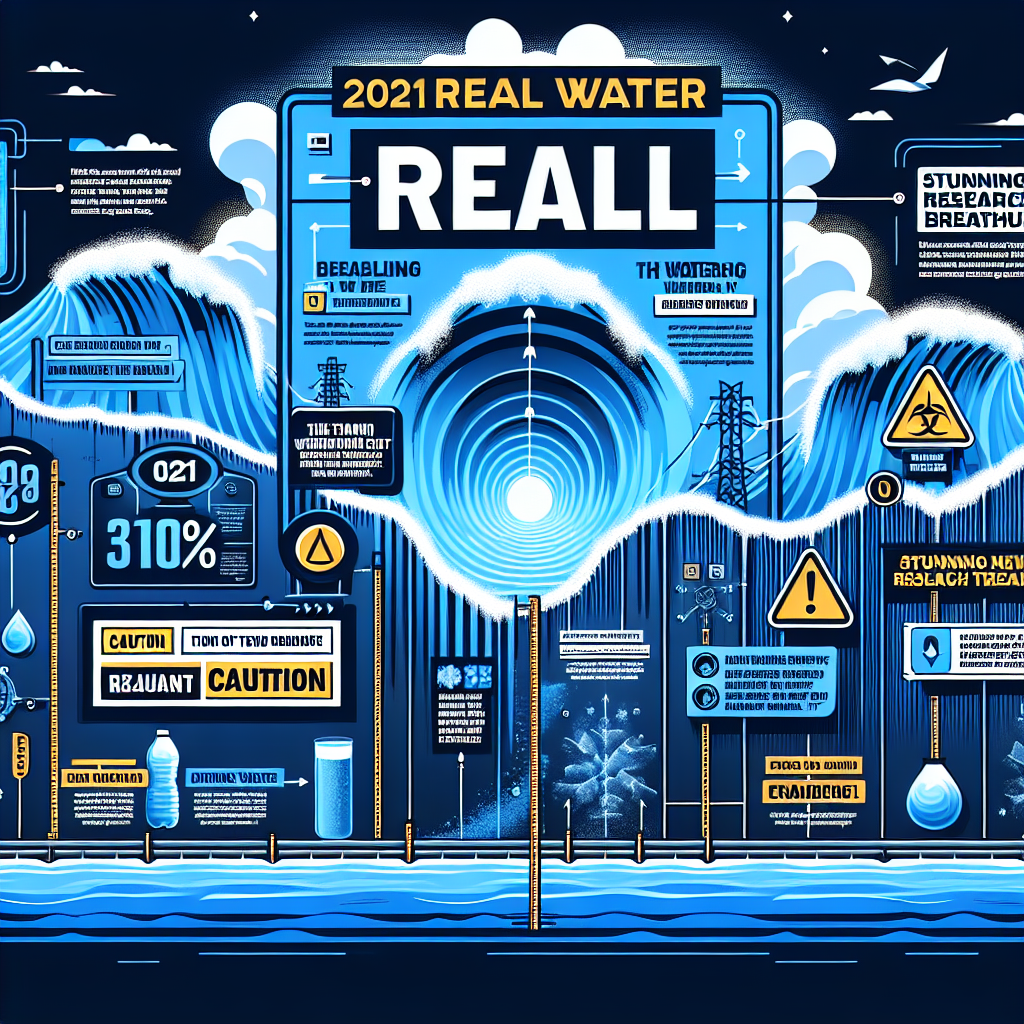 A striking infographic detailing the major key points of the 2021 Real Water recall. This includes the company's logotype in bold letters, a timeline of events leading up to the recall, and an emphasized section about the 'Stunning New Research Breakthroughs'. The backdrop is a vast ocean wave, symbolizing water, with a caution sign placed strategically. Have the design style blend modern graphics with traditional infographic aesthetics, incorporate vivid colors to highlight important aspects, and ensure all texts are clearly readable.