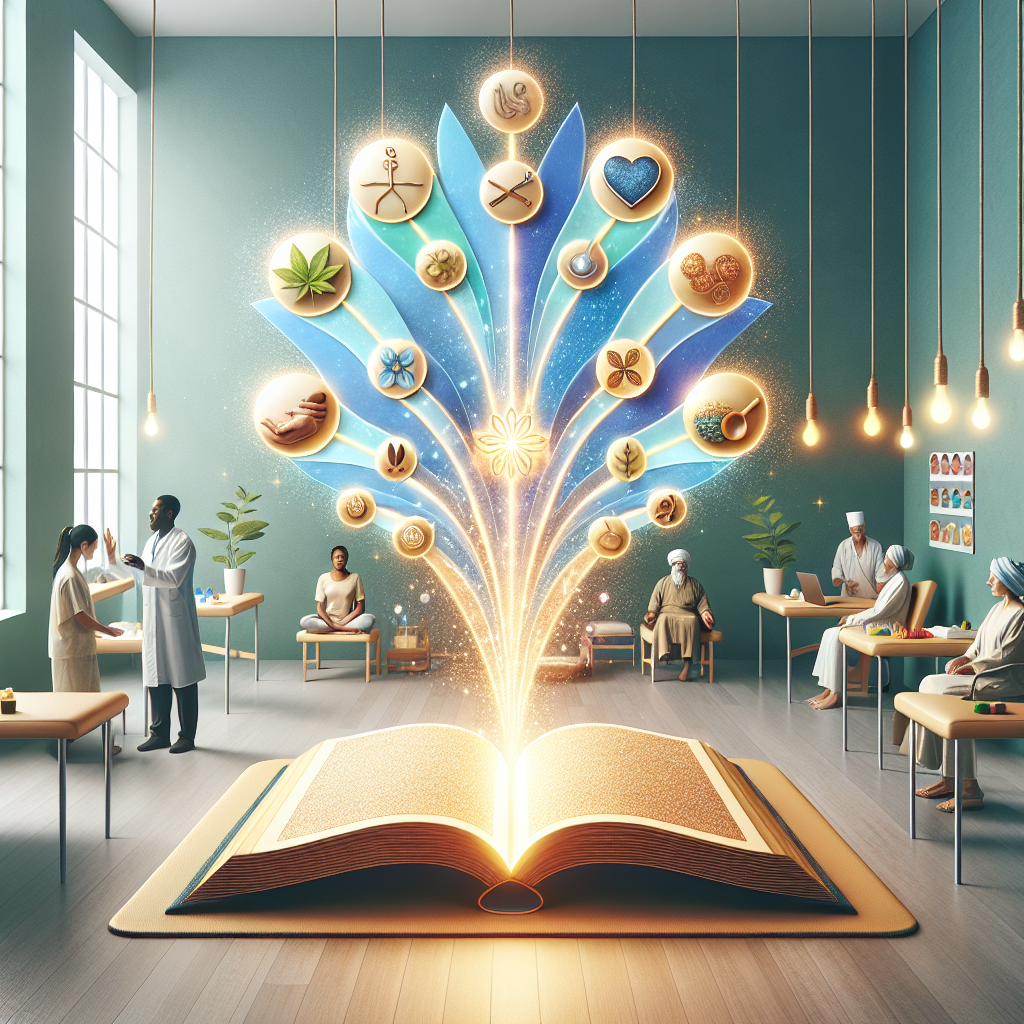 Create an image that encapsulates the essence of alternative, holistic therapies for the relief of ALS symptoms. Picture a serene clinic setting with calm and comforting colors like light greens and blues. Around the room, have a diverse range of patients - a Middle-Eastern woman, a Black man, a South Asian individual - finding relief through different modalities like acupuncture, yoga, or herbal medicine. In the center of the image, craft a large open book with bright, healing light emerging from its pages, indicating the revelation of exclusive strategies. Ensure that all elements harmoniously convey a sense of hope, breakthrough, and healing possibilities.