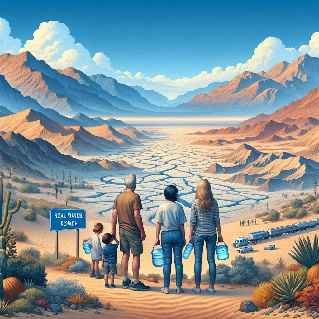 Visualize a panoramic view of desert landscapes in Nevada, characterized by sandy terrain, sparse vegetation, and rugged mountains under a clear blue sky. Incorporate elements reflecting the harsh reality of water scarcity such as a family of four different descents - a Caucasian father, a Hispanic mother, a South Asian son, and a Middle-Eastern daughter, looking at a nearly dry river bed with concern. To signify the 'challenge',  depict them carrying empty water containers. Don't forget to include a highway sign 'Real Water Nevada' in the corner, symbolizing the name of the campaign.