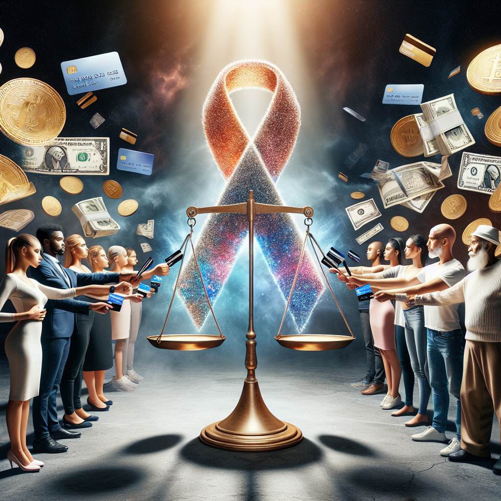 An insightful composition demonstrating the impact of consumer boycotts as a part of ALS awareness. The scene is visually compelling, bringing viewers' focus towards a scale in balance, symbolizing equality and unity. On one side, a multitude of diverse individuals including a Caucasian female, a Hispanic male, a South Asian elderly man, and a Black teenage girl, all holding out credit cards or cash to signify consumer power. They refrain from spending, symbolizing the boycott. On the other side, a symbolic ALS ribbon levitating, morphing into a bright beacon of awareness, representing the purpose and success of their united effort.