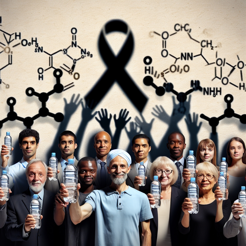 An impactful scene to describe a scandal revolving around water contamination with heavy metals, visually depicting a group of men and women from different descents like Caucasian, Black, Hispanic, Middle-Eastern, and South Asian. They all hold up clear glass water bottles, with the threatening shadow of a structural formula of a heavy metal compound (like Lead, Mercury, or Cadmium) ominously looming over them. Insert disease symbol or ALS ribbon slightly faded in the background to depict the connection to increased risk of ALS due to the contamination.
