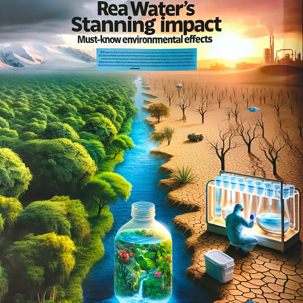 Visualize the profound environmental effects of real water. In the foreground, a vibrant, lush green forest supplied by a vigorous river unfolds, brimming with biodiversity. In contrast, the background exhibits a bone-dry desert lacking life due to water scarcity. Middle-eastern and Caucasian scientists study water samples shipped in transparent containers to further understanding of its impacts. The sun slowly sets, casting beautiful hues onto the scene, highlighting the drastic disparity between the two environments. The headline 'Real Water's Stunning Impact: Must-Know Environmental Effects' embellishes the image.