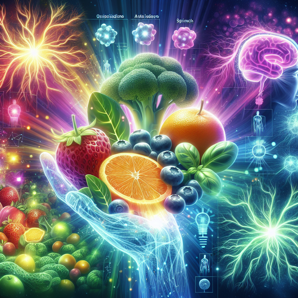 An illustration which visualizes a helpful guide to preventing ALS through the use of antioxidants, featuring a glowing, dynamic image of a vividly colored assortment of antioxidant-rich fruits and vegetables such as strawberries, oranges, broccoli, and spinach. In the backdrop, there are light visual effects symbolizing the beneficial impact these foods have on neural health. Also include symbolic depictions of ALS neurons contrasted against healthy neurons. The style should be informative and engaging, while still maintaining a scientific and professional tone.