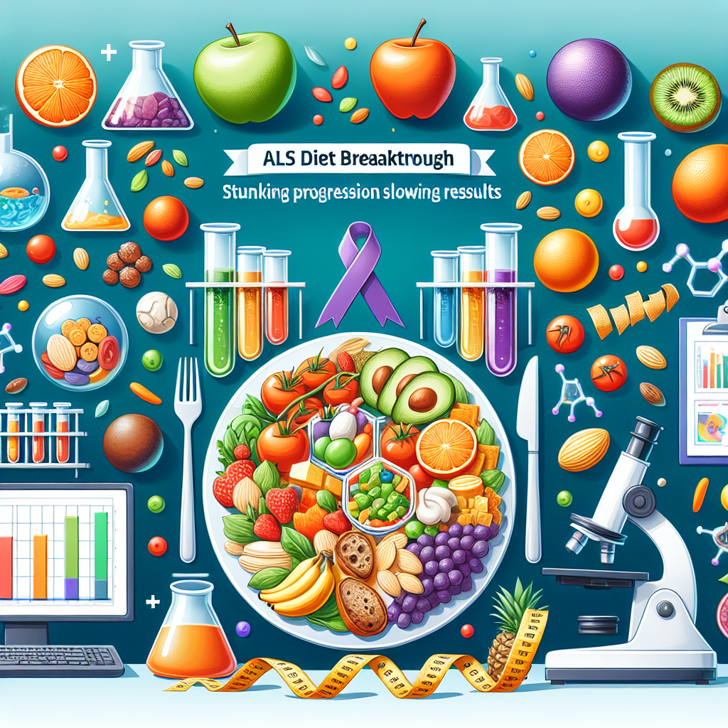 Illustration of a healthy, balanced meal plate filled with various nutritious foods such as fruits, vegetables, whole grains, and lean proteins. The meal is set against a backdrop of various research tools like a microscope and test tubes filled with colorful liquids. There's a ribbon symbolizing ALS in one corner of the image and in the other corner, a bar chart indicating progress in slowing down ALS progression. Finally, there is text which reads 'ALS Diet Breakthrough: Stunning Progression Slowing Results'.