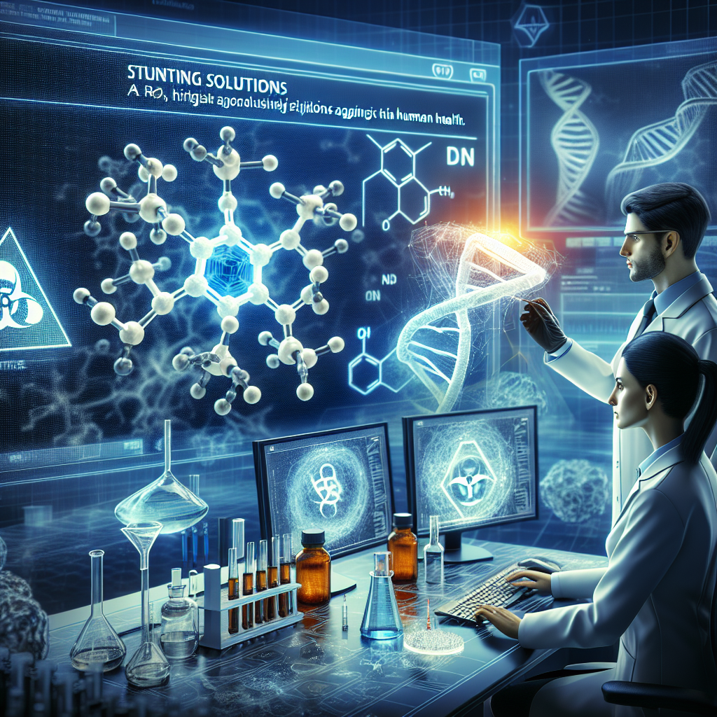 Visualize a detailed scientific scene featuring two parts. The first part should depict the risk of ALS associated with Hydrazine chemicals. The image should depict a 3D model of the Hydrazine molecule, with radiating danger symbols in the environment around it, hinting at a potential negative impact on human health. The second part should portray the stunning solutions, represented by scientists - an Middle-Eastern female scientist and a Caucasian male scientist - actively working in a highly technological lab. They are researching, conducting experiments, and discovering potential solutions against the risk. The background shows a screen displaying a DNA helix, symbolizing the genetic research involved.