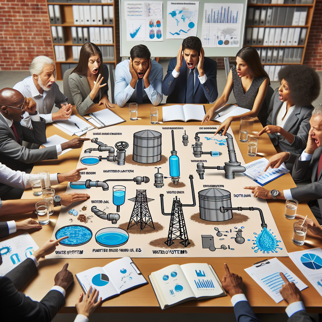 Create an image of a diverse group of people (all genders and various descents such as Black, Hispanic, Caucasian, South Asian, Middle-Eastern, and White) gathered around a meeting table. They are discussing various diagrams and charts that pertain to water systems. On the table, there are images of a water tower, pipelines, a water treatment plant, and a faucet with clean water flowing. Panicked expressions are on their faces as they point towards a chart depicting a high correlation between water systems and ALS risk.