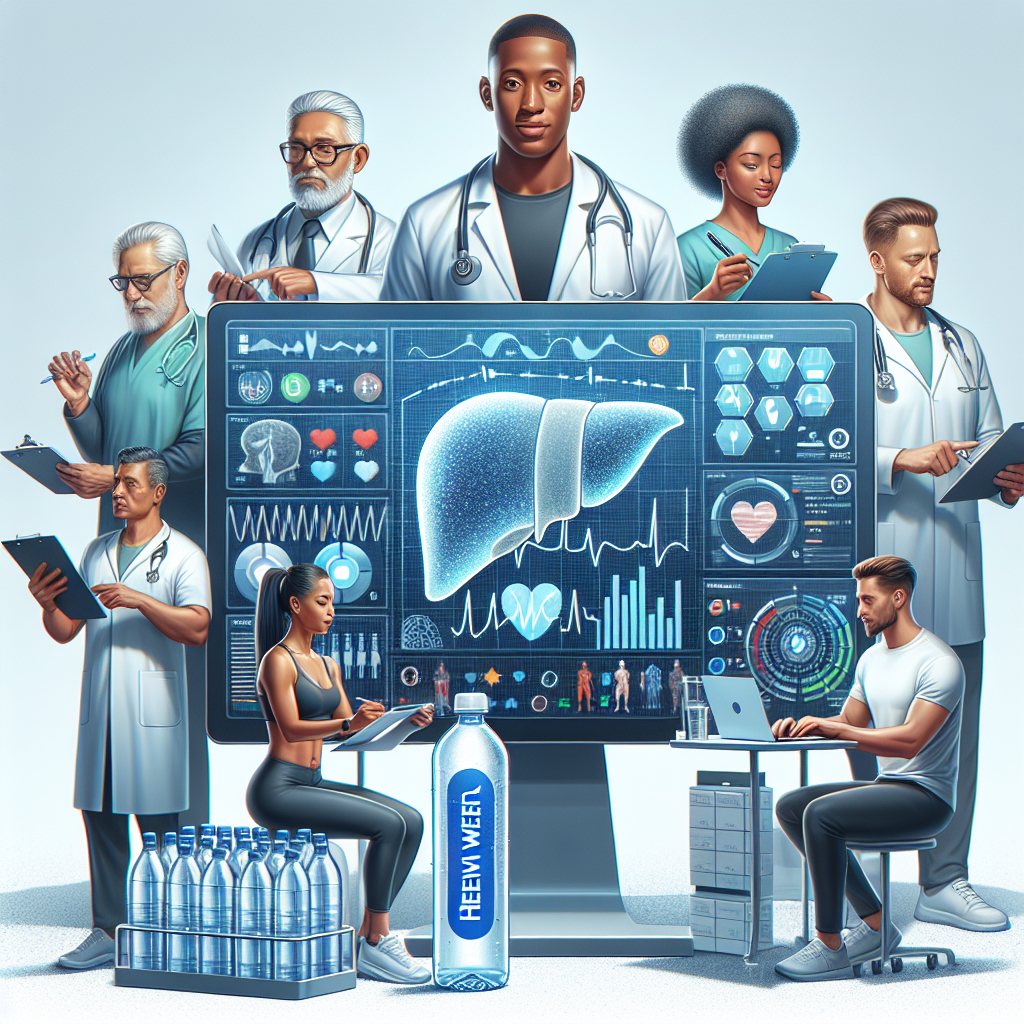 Depict an image that will educate and inspire readers about the importance of liver care when using the Real Water brand. Visualize vital liver functioning indicators monitored on a state-of-the-art medical screen. Surround it with healthcare professionals of different genders and descents - a Caucasian male doctor reviewing the data, a Hispanic female nurse loading a data sheet, a Black male health expert analyzing the screen, and a South Asian female dietician noting down crucial health facts. In the foreground, capture a bottle of Real Water brand water, subtly implying its integral role in maintaining liver health. Add a minimalist calendar on the side illustrating the idea of 'Effortless Planning'.