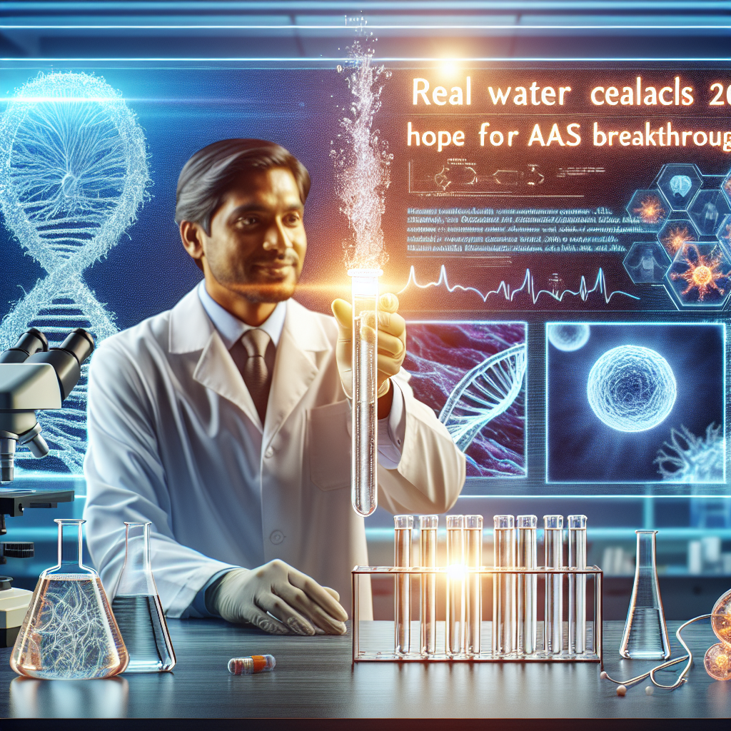 Visualize a scene which gives a sense of hope and breakthrough in medical research. Imagine a bright, modern lab with high-tech equipment. At the forefront, portray a male South Asian scientist in a lab coat, holding a test tube containing clear liquid symbolizing 'real water'. Include text headlines on the upper part of the image reading 'Real Water Recall 2021: Stunning Hope for ALS Breakthroughs'. Display elements representing ALS research - perhaps microscopic neuron images, DNA helices, and ALS-associated proteins on a screen in the background.