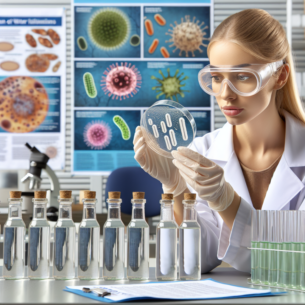 Create an image of a lab scene featuring a female Caucasian scientist examining a petri dish containing bacteria samples. She's wearing clear protective goggles and a lab coat. In the background, we see a poster showing various types of waterborne diseases. On her lab bench, there are pamphlets titled 'Prevention of Waterborne Illnesses'. To her side, partially filled glass bottles of water are lined up, representing various potential water sources. A prominent gap is seen in the lineup, symbolizing the shocking prevention gaps in waterborne illnesses.
