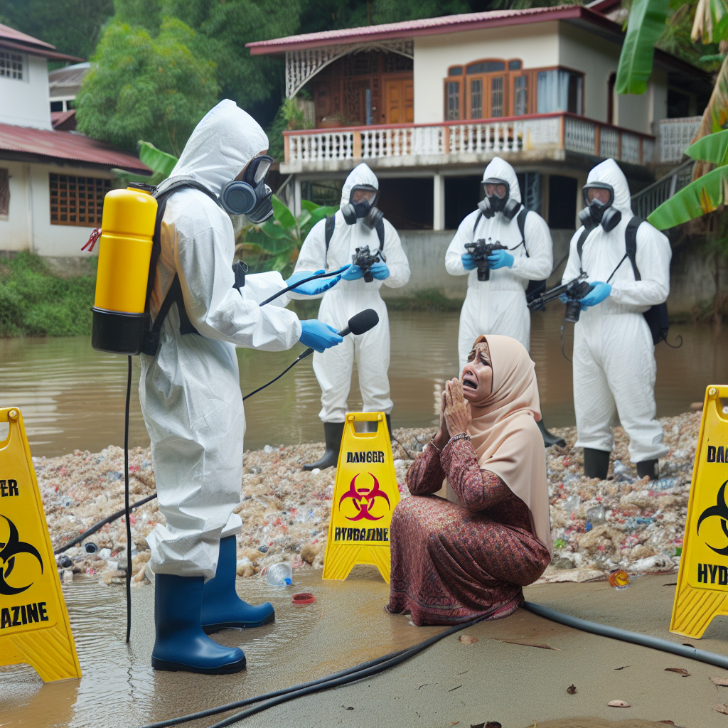 Depict a scene of a hazardous materials team in protective suits handling a spill of hydrazine in a river with caution. White caution signs with 'Danger: Hydrazine' are placed around the site. Nearby, a South Asian male interviewer is talking to a Middle-Eastern woman with tears in her eyes, who has her home in the background that's affected by the hydrazine contamination. Portray a sense of alarm and urgency, reflecting the serious environmental and personal impacts of hydrazine spills in water sources.