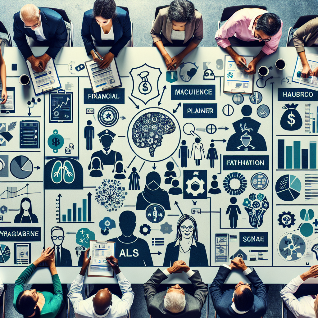 Visualize a detailed and thoughtful scenario where an ethnically diverse group of financial planners and ALS patients, represented by women and men of different descents such as Hispanic, Black, Caucasian, Middle-Eastern, and South Asian, are having a meeting. Emphasize the atmosphere of collaboration and trust, with charts and diagrams about financial strategies laid on the table, and people taking notes and discussing. Include elements related to ALS care such as medical documents and symbols, emphasizing that their goal is to navigate through the complexity of financial planning for better ALS care.
