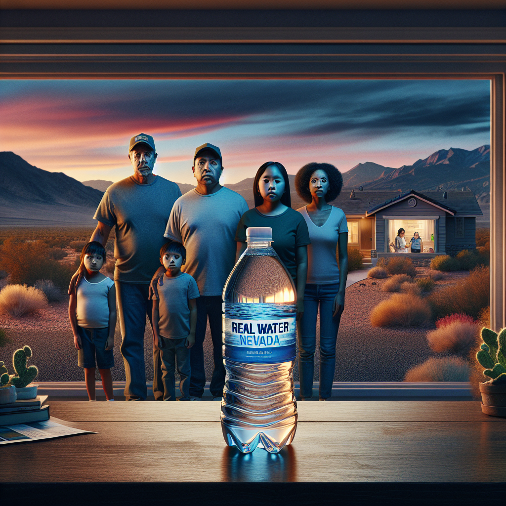 Visualize a scene representing the dramatic impact of Real Water Nevada's operations on families. Picture a suburban Nevada landscape during sunset, where a family of four - a Hispanic father, a Caucasian mother, a South-Asian daughter, and a black son, stands outside their home with apprehensive faces. In the foreground, a water bottle labeled 'Real Water Nevada' is placed on a wooden table. The bottle's reflection in a window hints at its profound effect on the family's lives. Panoramic mountains in the background and a dusky sky above capture the stunning Nevada geography.