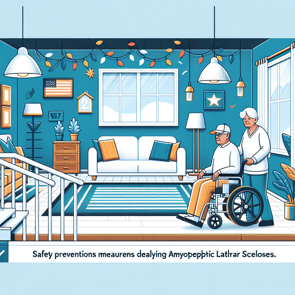 Create an image that portrays a scene encompassing safety precautions for veterans dealing with Amyotrophic Lateral Sclerosis (ALS). The image should depict a room designed with fall prevention measures such as non-slip rugs and handrails. The room may be bright and clean, demonstrating a comfortable and secure environment. Also, illustrate an individual of Hispanic descent, aged and appearing like a military veteran, using a motorized wheelchair for mobility, reflecting adaptability in living with ALS. All elements should evoke a sense of resilience, care, and safety.
