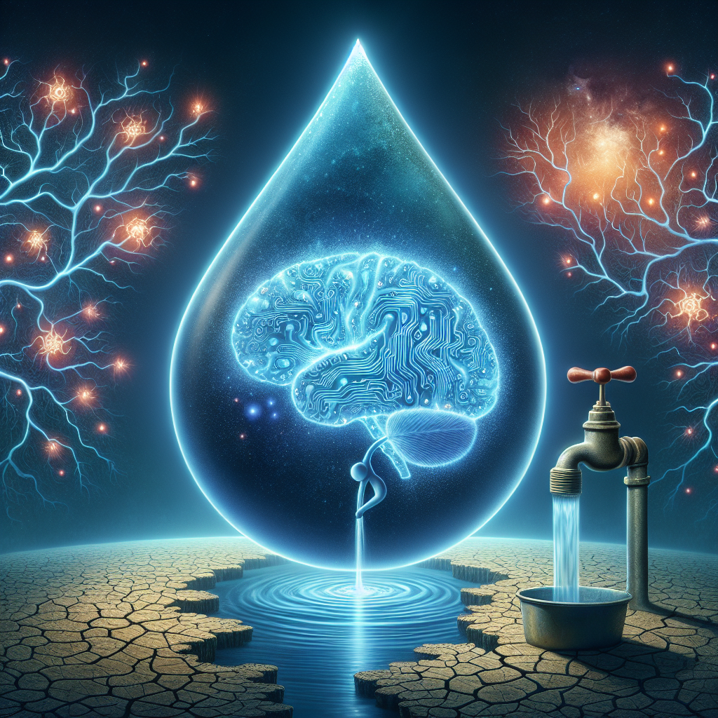 Visualize an illustrative concept for a magazine article discussing Global Water Issues and their surprising link to ALS. The image represents a symbolic connection between a drop of pure, clean water, reflecting our Earth's surface, and a human brain, representing the neuroscience of ALS. Show a labyrinth of neuron-like circuits inside the brain, glowing with a soft, mysterious light. Incorporate visual elements relating to global water scarcity, such as parched land or a water tap with meager flow, subtly blended into the background. Balance the image composition with rich but harmonious colors, striving for an impactful, poignant visual interpretation.